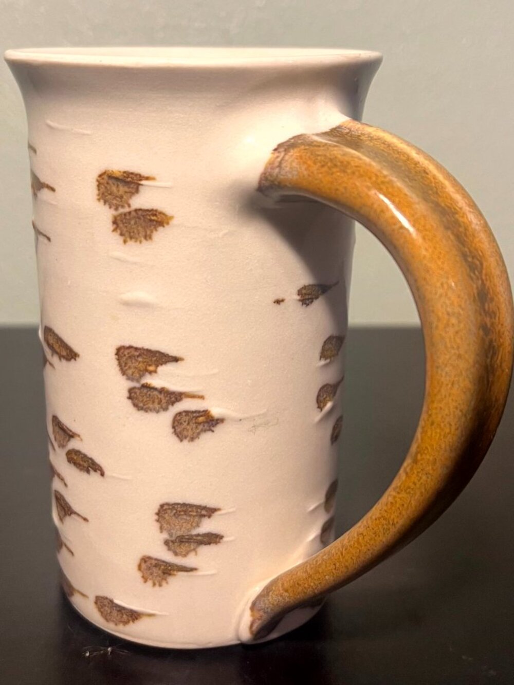 MEZ Pottery AK Artist Signed Studio Art Clay Pottery Birch Bark Coffee Mug 15oz